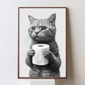 Cat Poster, Animal Bathroom Poster, Cat Holding Toilet Roll, Cat Lovers Gift, Bathroom Wall Art, Black and White Bathroom Print, Digital Art