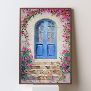 Blaue Griechische Tür Druck, Santorini Reise Poster, Weiße Architektur, Acrylmalerei Hübsche Tür, Rosa Blüte, Mediterran Charme Druck