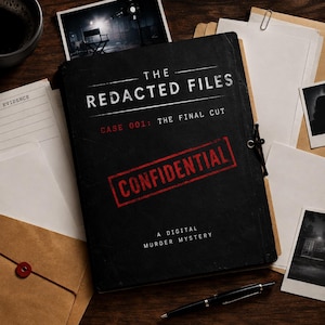 Può includere: Una cartella nera intitolata The Redacted Files Case 001: The Final Cut con un timbro rosso Confidential. La copertina include il testo A Digital Murder Mystery. La cartella è chiusa da un cordino nero ed è circondata da fogli bianchi e foto.