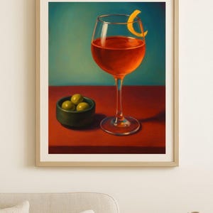 Moody Negroni Cocktail Print: Retro Bar Decor with Olives (Digital Download)