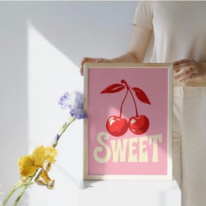 Pink Cherry Print, Trendy Wall Art, Cherry Digital Wall Art, Kitchen and Girl Room Decor, Cute Cherry Poster, Sweet Cherry, Feminine Poster,