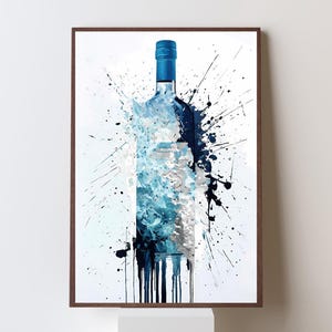 Blue Wine Bottle Splash Art, Bar Cart Print, Watercolour Paint Drips Kitchen & Bar Decor, Wine Lovers Gift, Vintage Bar Print, Splatter Art