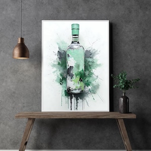 Green Wine Bottle Splash Art, Bar Cart Print, Watercolour Paint Drips Kitchen & Bar Decor, Wine Lovers Gift, Vintage Bar Print, Splatter Art