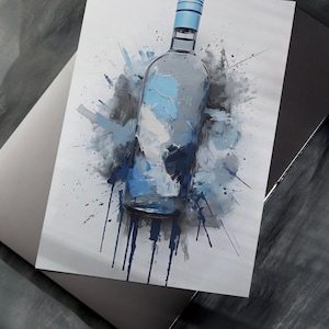 Blue Wine Bottle Splash Art, Bar Cart Print, Watercolour Paint Drips Kitchen & Bar Decor, Wine Lovers Gift, Vintage Bar Print, Splatter Art