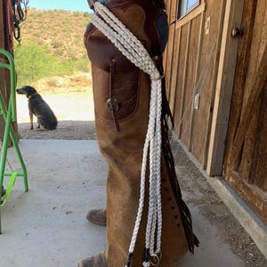 May include: Brown leather chaps with a white braided rope detail. The chaps are worn over denim jeans and brown boots. A dog sits in the background.