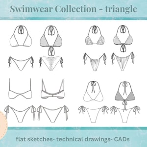 Może przedstawiać: Ilustracja kolekcji strojów kąpielowych z trójkątnymi topami i dołami od bikini. Obraz przedstawia różne style, w tym modele wiązane i na szyję. Tekst na obrazie brzmi "Swimwear Collection - triangle" i "4 mix & match styles!"