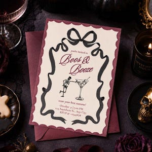 Halloween Invitation Template, Editable Boos and Booze Invite, Skeleton Bow Digital Download, Printable Berry Costume Party Card, Corjl