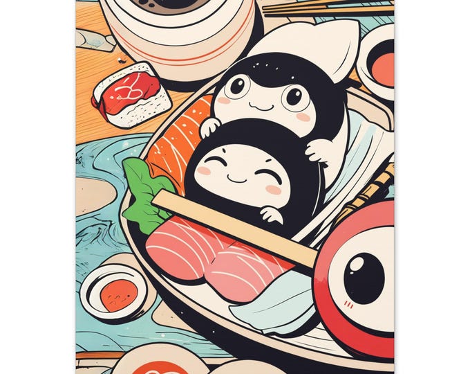 Kawaii Sushi Wall Art, Cute Kitchen Decor, Whimsical Japanese Print, Fun Dining Room Accent, Foodie Gift Idea, Fun Art for Food Lovers