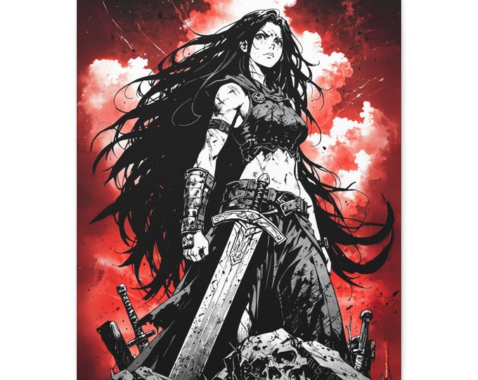 Bold Warrior Art Canvas Print, Fantasy Wall Decor, Gift for Geeks, Home Office Decor, Gothic Artwork, Anime Inspired