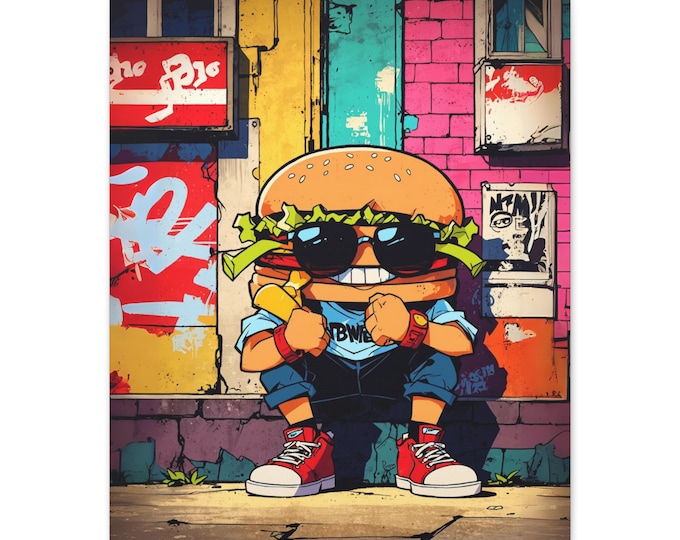 Bold Burger Canvas Art, Fun Street Art Wall Decor, Cool Gift for Foodies, Colorful Art Print for Kitchen, Unique Home Decor