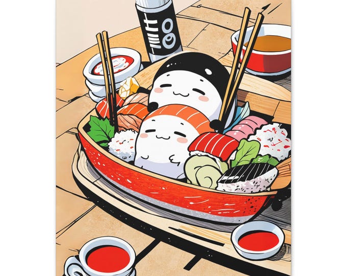 Kawaii Sushi Wall Art Print, Adorable Kitchen Decor, Cute Canvas, Japanese Theme Art, Anime Wall Decor, Gift for Food Lovers