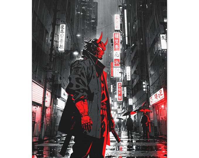 Urban Samurai Art Print, Stretched Canvas Wall Decor, Anime Aesthetic Artwork, Modern Home Decor, Geek Room Art