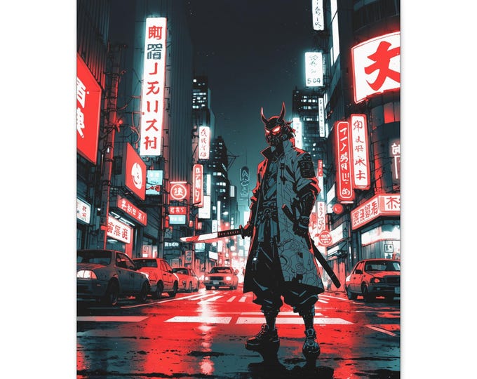 Urban Samurai Art Print, Anime Wall Decor, Manga Canvas, Japanese Street Art, Gift for Gamers, Red and Black Aesthetic
