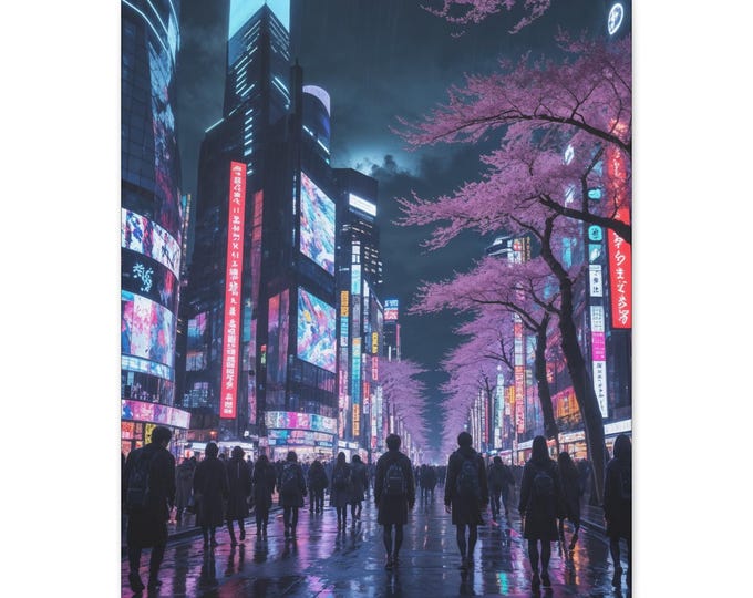 Urban Nightscape Canvas Art, Contemporary Wall Decor, Japanese Cherry Blossom Artwork, Modern Home Aesthetic, Gift for Art Lovers