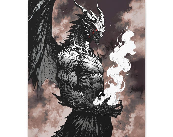 Canvas Wall Art, Dragon Warrior Fantasy Theme Matte Print, Shadows Decor, Stretched, Artwork, Home Decor, Gift for Fantasy