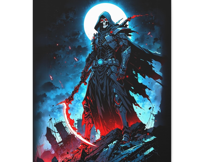 Gothic Warrior Canvas Art, Dark Fantasy Wall Decor, Unique Artwork for Home, Gifts for Gamers, Halloween Decor, Skeleton, Grim Reaper