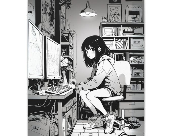 Anime Girl Stretched Canvas Print, Perfect for Gaming Rooms, Home Office Decor, Unique Gift for Nerds, Minimalist Wall Art, Aesthetic Room