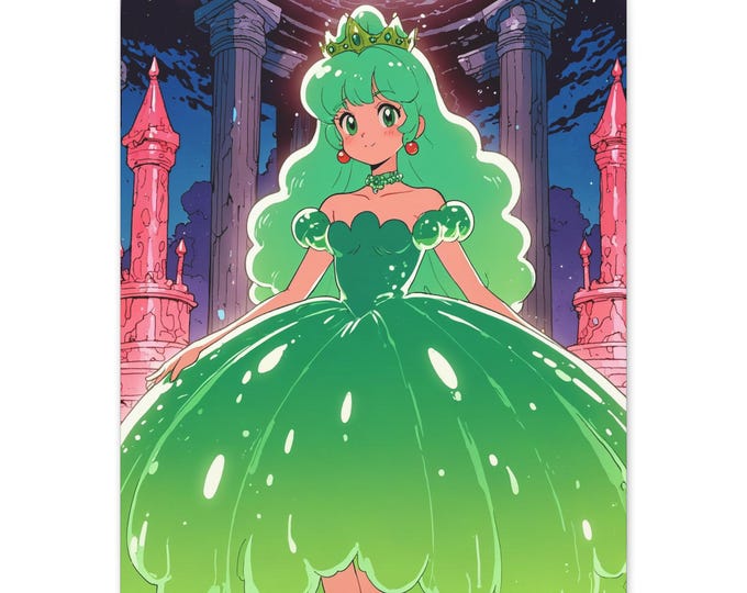 Whimsical Princess Canvas Art, Vintage Anime Wall Decor, Green Crowned Princess Print, Perfect Gift for Fans, Home Decoration, Slime