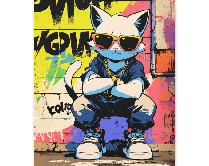 Cool Cat Street Art Canvas, Urban Decor, Hip Hop Wall Art, Unique Gift, Pet Lover Decor, Cat Lover Home Decor