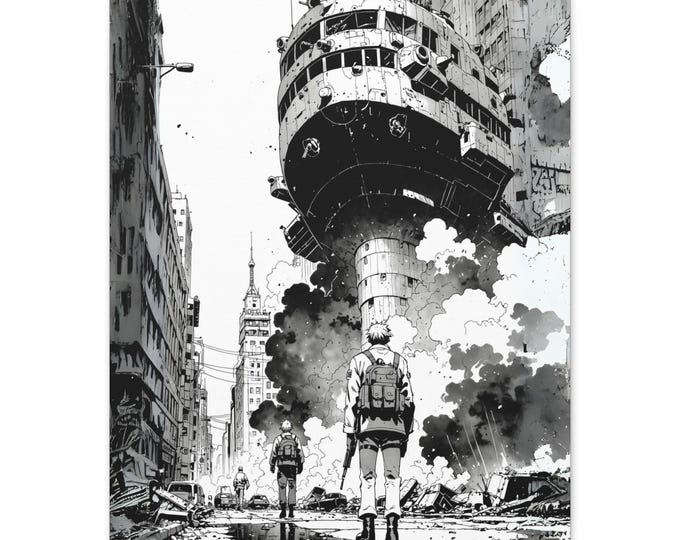 Urban Apocalypse Wall Art, Matte Canvas Print, Black and White Decor for Home, Sci-Fi Wall Hanging, Gift for Men and Women