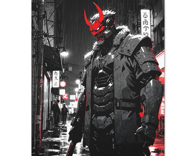 Urban Samurai Canvas Art Print | Modern Wall Decor, Anime Art, Japanese Style, Gamer Gift, Home Decoration