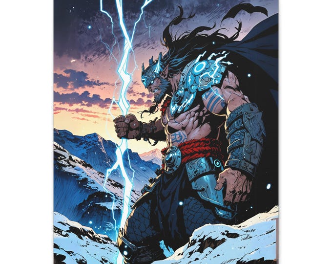 Epic Norse Mythology Canvas Art Print, Lightning God Wall Decor, Nordic Decor, Fantasy Home Decoration, Gift for Fans