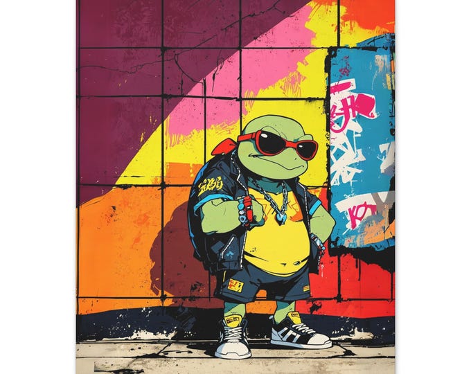 Cool Turtle Art Print, Funky Wall Decor, Hipster Home Decor, Unique Gift for Kids and Teens, Colorful Canvas