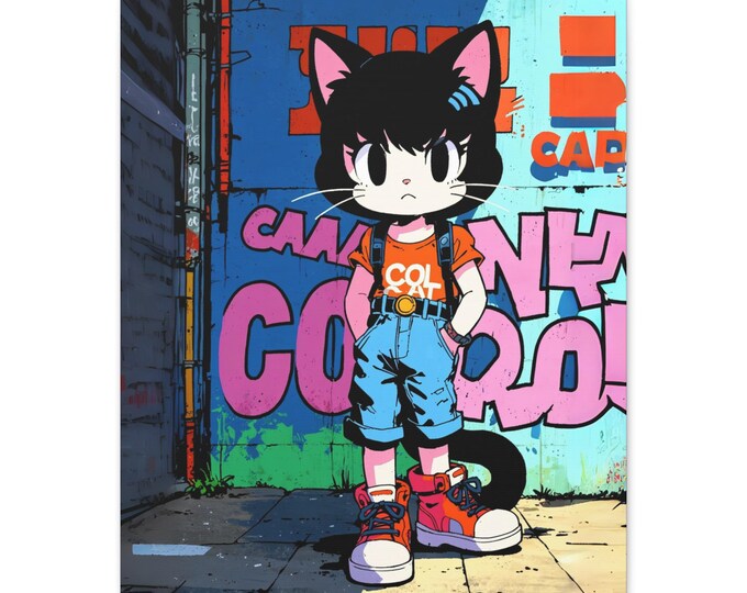Street Art Cat Canvas Print, Urban Decor, Cartoon Wall Art, Designed for Cat Lovers, Bedroom or Living Room