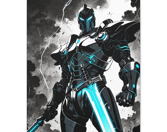 Futuristic Warrior Wall Art, Matte Canvas Print of Cyber Knight, Modern Home Decor, Geek Room, Gaming Gift, Black and Blue Decor