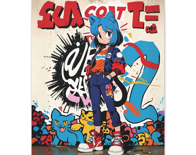 Anime Streetwear Art Canvas, Edgy Wall Decor for Gamers, Youth Room, Gifts for Anime Lovers, Cat Lover Gift, Vibrant Pop Culture Decor, Cat