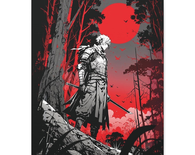 Fantasy Art Wall Canvas, Samurai Art Décor, Dark Red Canvas Print, Home Office Wall Art, Perfect Gift for Anime Lovers, Unique Artwork