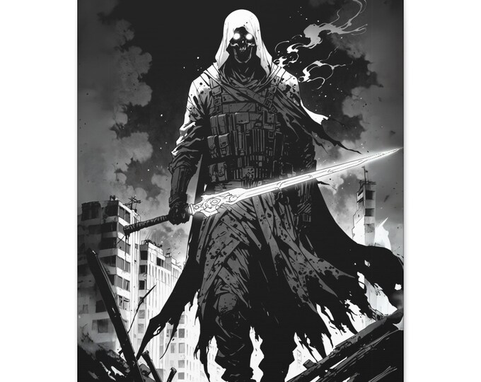 Dark Warrior Matte Canvas Print, Black and White Art, Modern Wall Decor, Unique Gift for Gamers, Fantasy Art, Home Office Decor