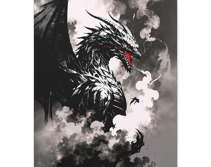 Dragon Art Canvas Print | Fantasy Wall Decor, Gift for Gamers, Home Artwork, Mythical Creature Art, Modern Black and White Design