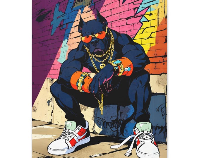 Urban Dog Art Print, Graffiti Wall Decor, Hip-Hop Inspired Canvas, Vibrant Stretched Artwork, Perfect Gift for Dog Lovers