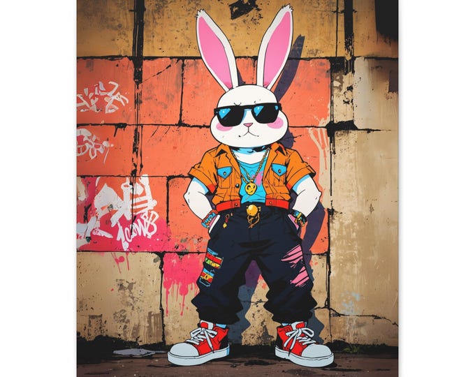 Urban Bunny Wall Art, Hip-Hop Rabbit Decor, Trendy Canvas Print for Modern Home, Youthful Vibe, Unique Gift Idea