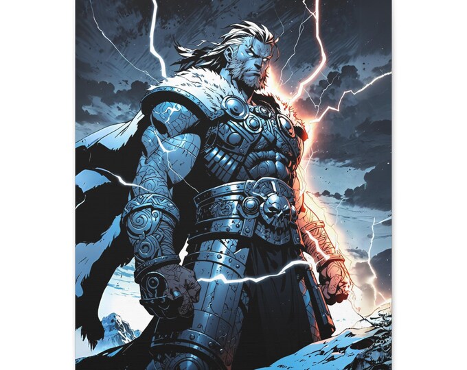 Mythical Norse God Canvas Art, Fantasy Wall Decor for Home, Lightning Thor Artwork, Unique Gift for Comic Fans, Thunder God Print