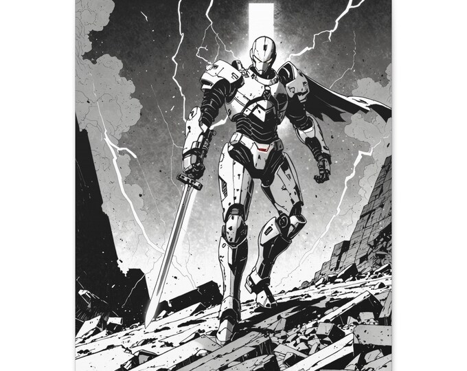 Futuristic Robot Warrior Canvas Art Print, Modern Wall Decor, Geek Home Decor, Gift for Tech Lovers, Sci-Fi Art, 1 25' Matte Finish
