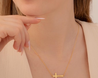 Custom Cross Pendant Sideways Cross Necklace with Name Personalized Baptism Cross Name Necklace Easter Gift for Her Name Engraved Cross