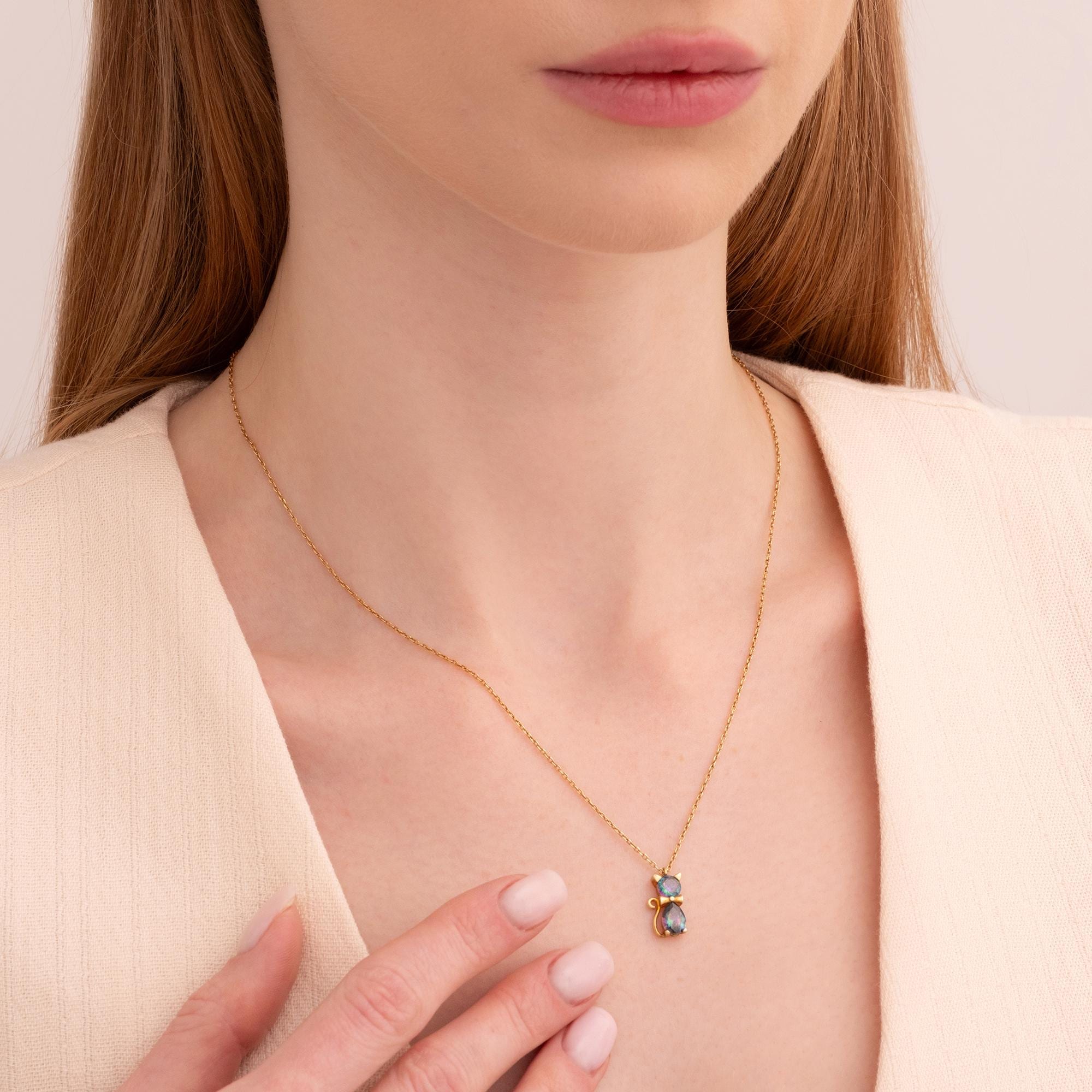 Mystic Topaz Stone Bow-tied Cat Necklace Kitten Necklace Silver Handmade Jewelry Birthstone Necklace for Women Dainty Christmas Gift for Her