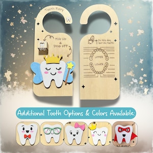 Personalized Tooth Fairy Door Hanger | child teeth chart, tooth holder, alternative option tooth pillow, free engraving, tooth fairy box