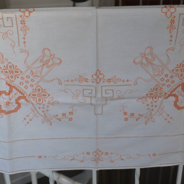 Vintage Linen Tablecloth  with Orange Embroidery