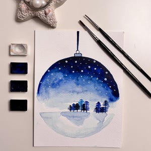 Acquerello, dipinto, fatto a mano, arte murale, regalo, originale, globo di neve, pino, albero, sfera, San Valentino