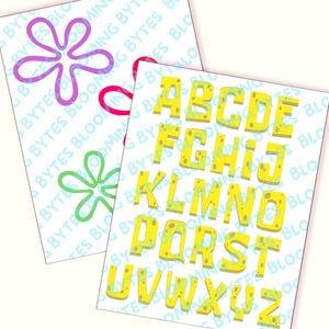 May include: A set of yellow alphabet letters with a sponge-like texture. The letters are in uppercase and are arranged in alphabetical order.