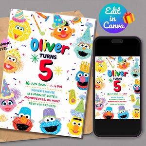 May include: A Sesame Street themed birthday invitation for a child turning five. The invitation features colourful illustrations of Sesame Street characters, including Big Bird, Elmo, Cookie Monster, and Bert and Ernie. The invitation includes the child's name, Oliver, and the date and time of the party. The text on the invitation reads "Oliver Turns 5".