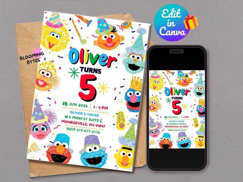 May include: A Sesame Street themed birthday invitation for a child turning five. The invitation features colourful illustrations of Sesame Street characters, including Big Bird, Elmo, Cookie Monster, and Bert and Ernie. The invitation includes the child's name, Oliver, and the date and time of the party. The text on the invitation reads "Oliver Turns 5".