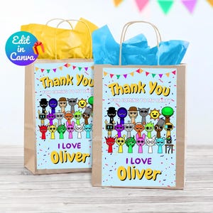 Modello di etichetta per sacchetto regalo modificabile per compleanno Sprunki, etichetta per sacchetto per feste, etichetta adesiva per sacchetto bottino, Canva, festa fai da te, festa stampabile