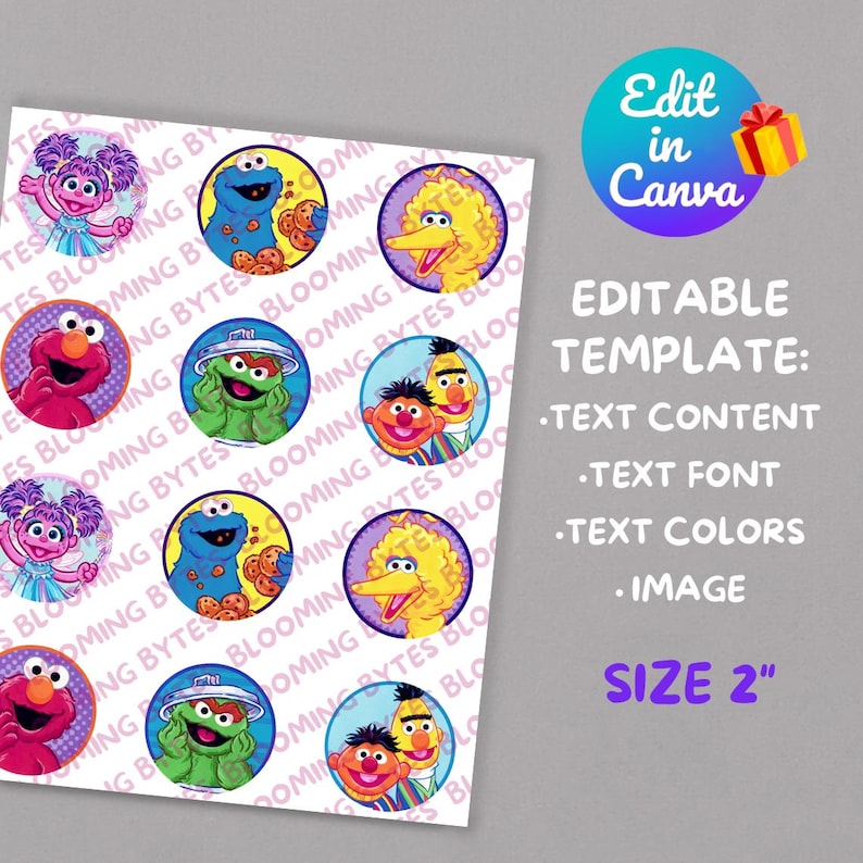 May include: Printable sheet of 2-inch round stickers featuring Sesame Street characters. The characters include Elmo, Big Bird, Cookie Monster, Bert and Ernie, and Abby Cadabby. The stickers are perfect for party favors, gifts, or decorations.