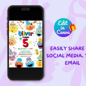 May include: A colourful birthday invitation featuring Sesame Street characters. The invitation is for Oliver's 5th birthday party. The text on the invitation reads "Oliver Turns 5" and includes the date, time, location, and RSVP information.