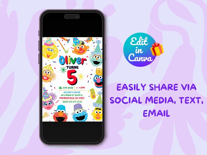 May include: A colourful birthday invitation featuring Sesame Street characters. The invitation is for Oliver's 5th birthday party. The text on the invitation reads "Oliver Turns 5" and includes the date, time, location, and RSVP information.