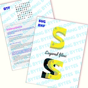 May include: A digital download of a layered font file for the letter "S" in a yellow and black cheese design. The font is available in OTF, SVG, and DXF formats. Instructions for installing the font are included.